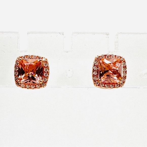 STERLING SILVER 925 Rose Gold Vermeil Stud Earrings CZ Peach & Clear Dainty - Picture 1 of 11